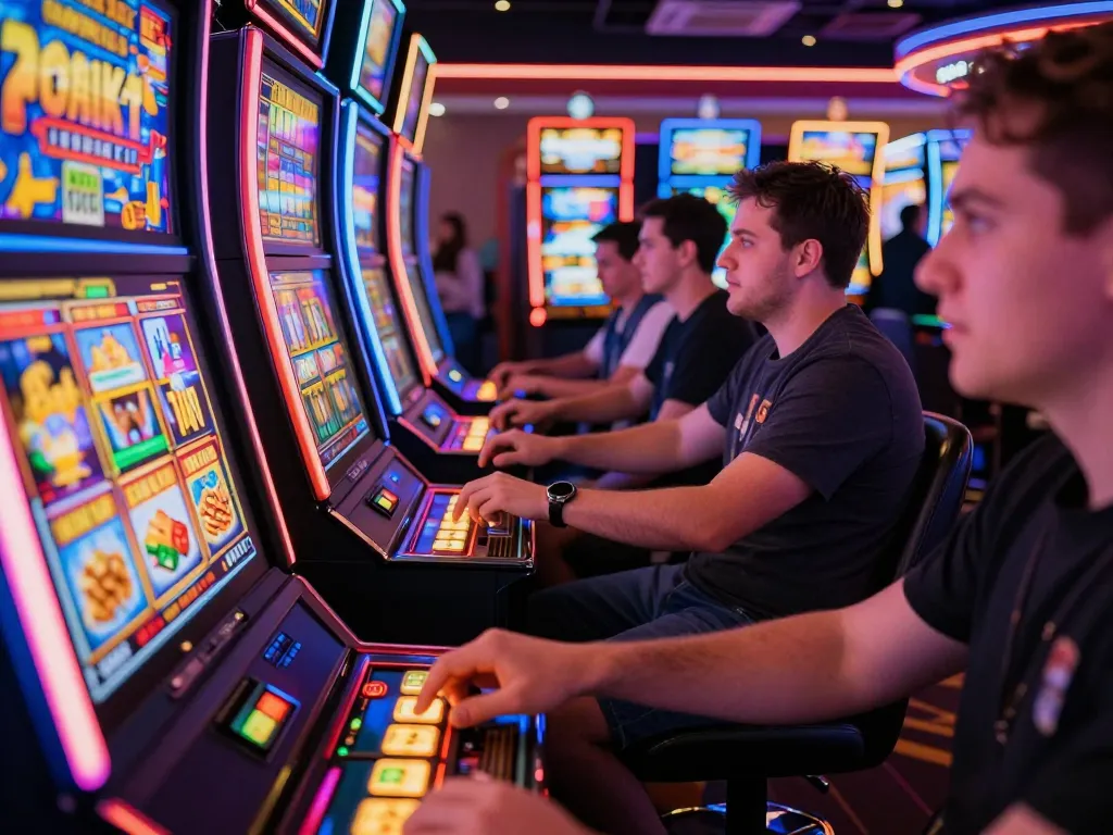 Players enjoying exciting slot gameplay at a vibrant casino, showcasing colorful machines and engaging atmosphere.