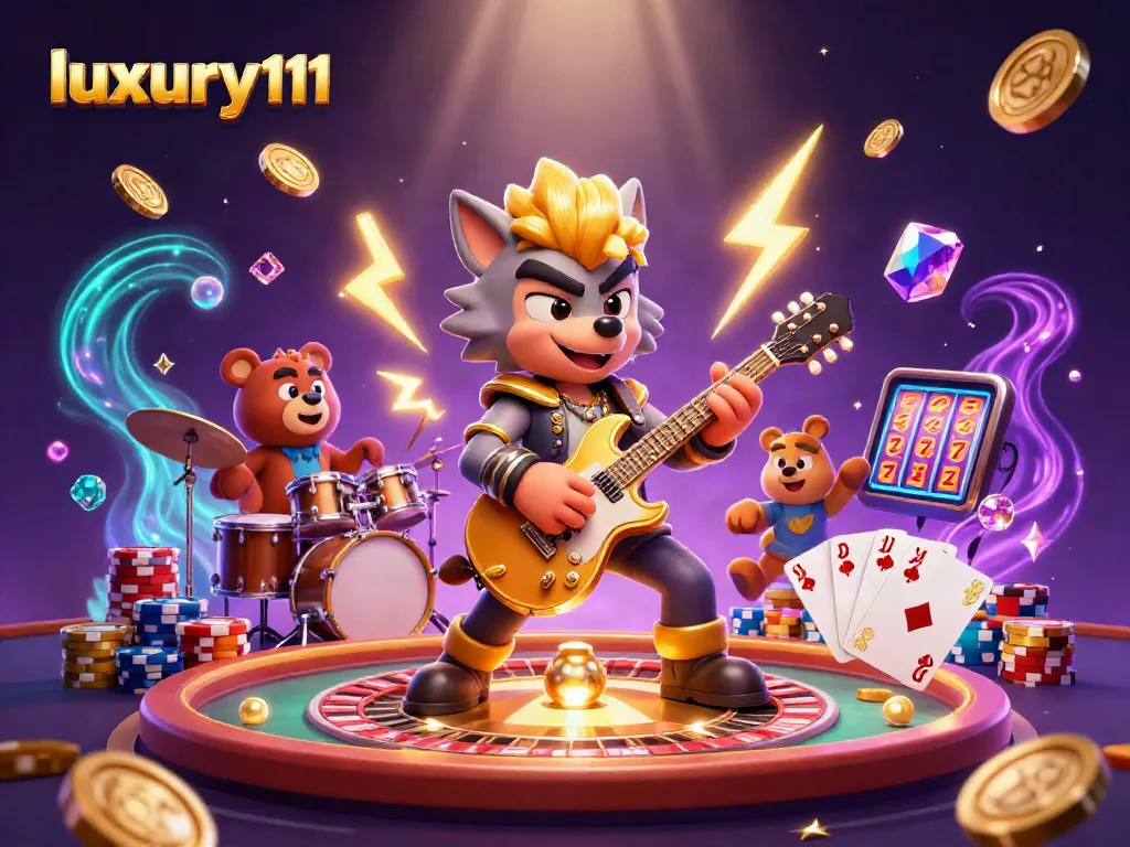 Experience the luxury111 gaming thrill with a cartoon rock star wolf and drummer bear in a vibrant casino scene.