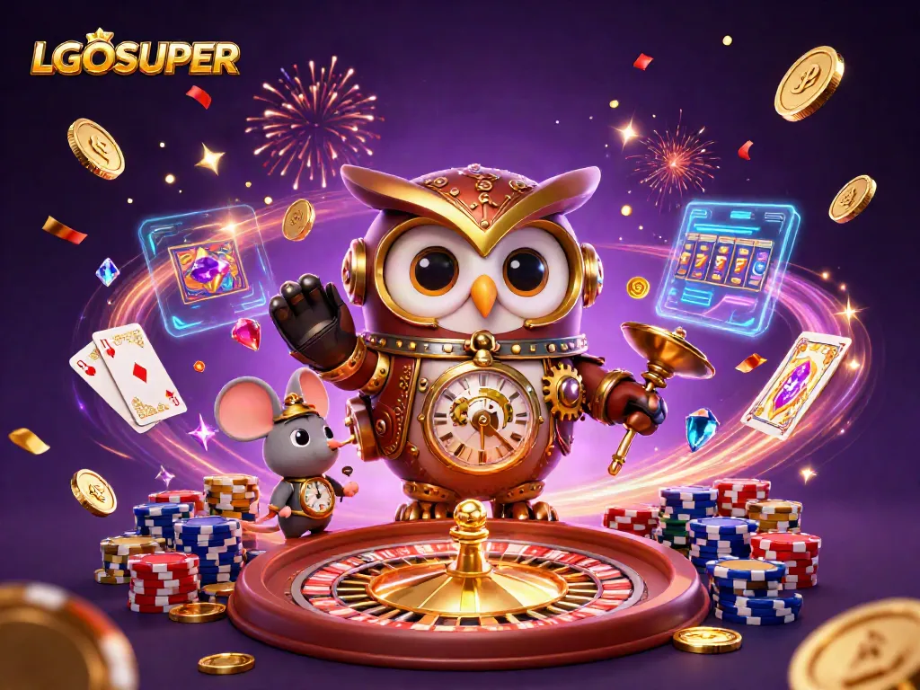 Engage in thrilling LGOSUPER slots with a time-traveling owl and vibrant casino elements.
