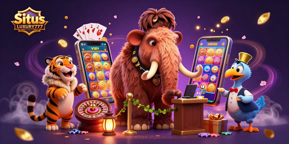 Situs LUXURY777 menampilkan karakter kasino ikonik di tengah permainan slot yang mengasyikkan.
