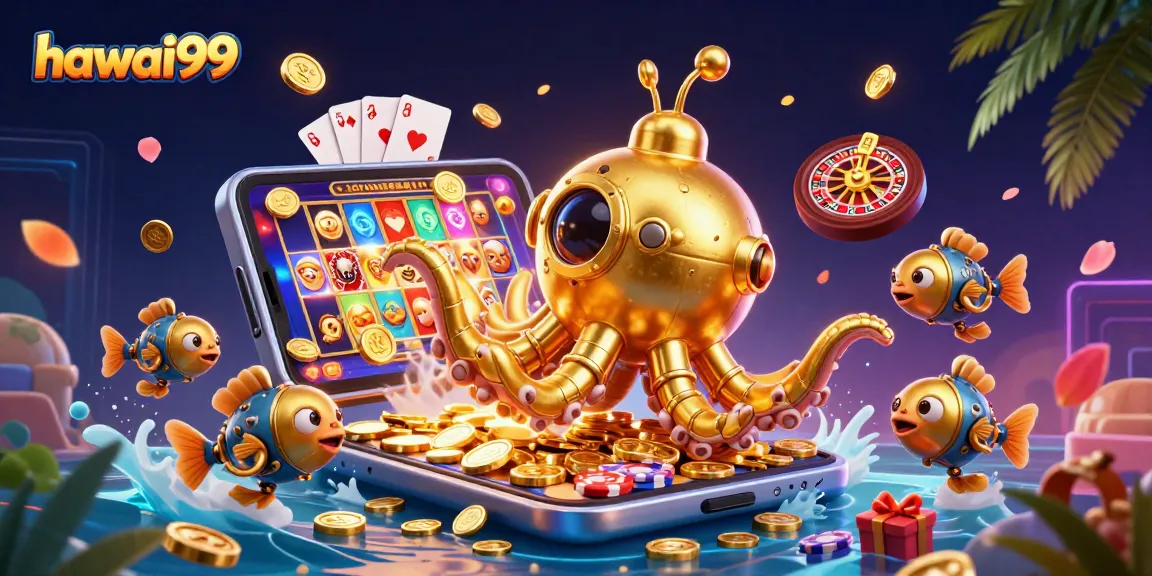 Experience thrilling slots and rewards with hawaii99 in this vibrant 3D digital illustration.