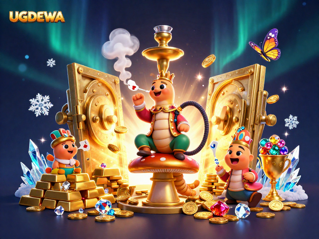 Engage with UGDEWA's vibrant 3D casino world featuring a hookah-master and poker symbols, ultra-detailed