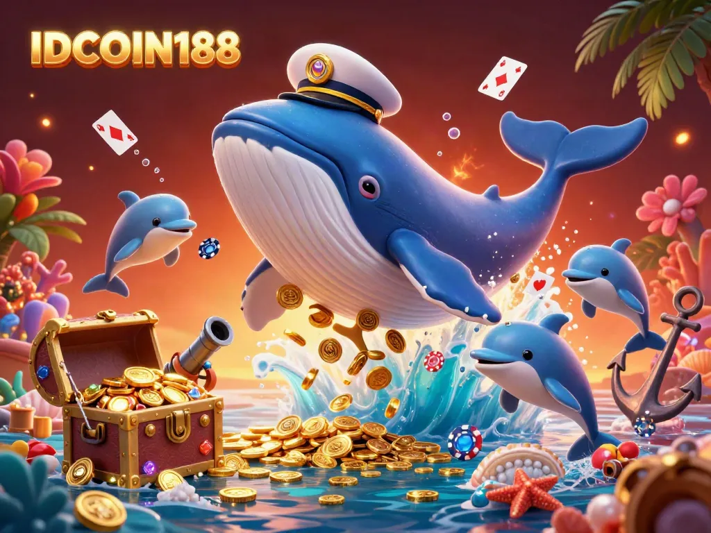 IDCOIN188 showcase featuring a giant cartoon whale and friends in a vibrant casino undersea theme.