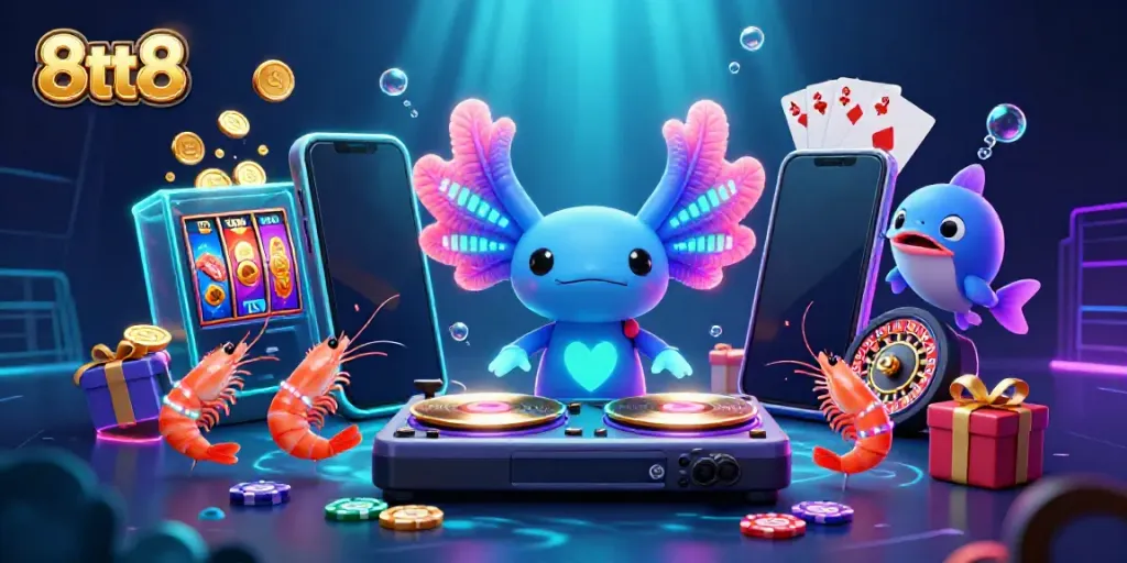 Experience the excitement of 8tt8 gaming with lively underwater characters and vibrant casino elements.