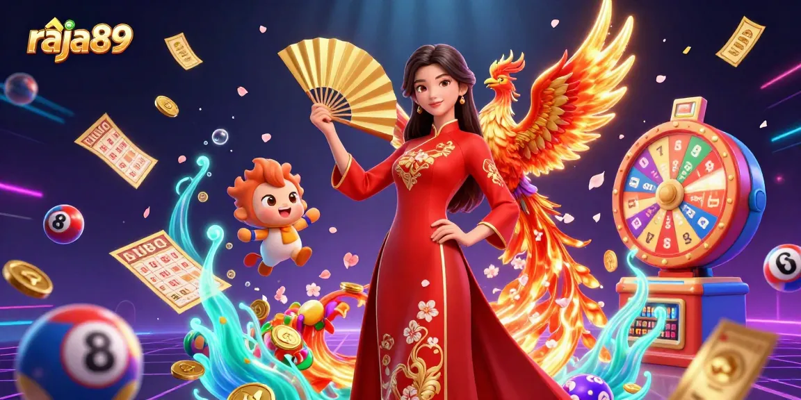Engage with the dynamic raja89 casino experience featuring vibrant lottery balls and a captivating phoenix.
