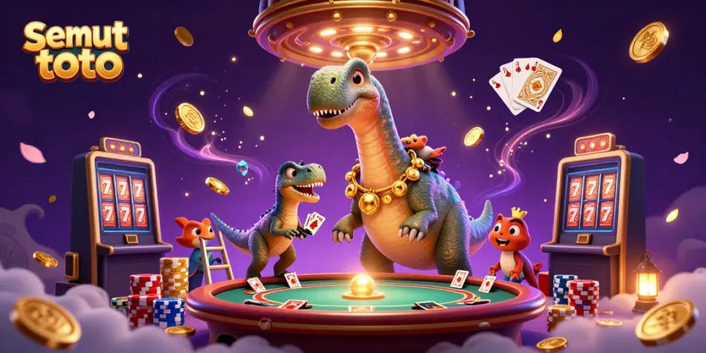 Semut toto menghibur pemain kasino dengan gambar dinosaurus 3D dalam suasana permainan.