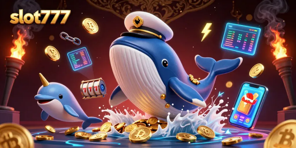 Mainkan slot777 dengan penuh keseruan, melihat paus raksasa dikelilingi koin emas.