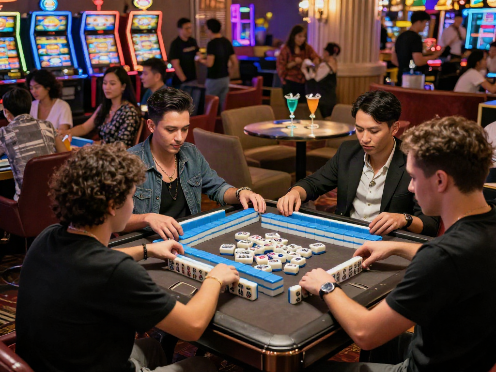 Slot MAHJONGJP88 game scene with friends enjoying vibrant casino atmosphere