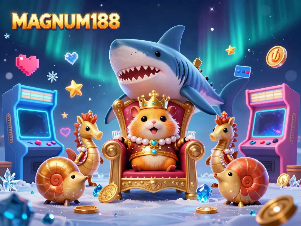 Experience MAGNUM188's thrilling gaming ambiance with a vibrant 3D casino illustration showcasing superb royal characters and vivid arcade elements.