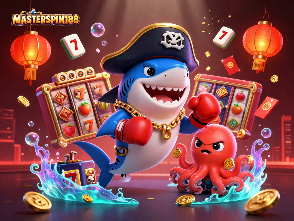 Catch exciting wins with MASTERSPIN188 in a vibrant casino adventure featuring a playful shark and friends.