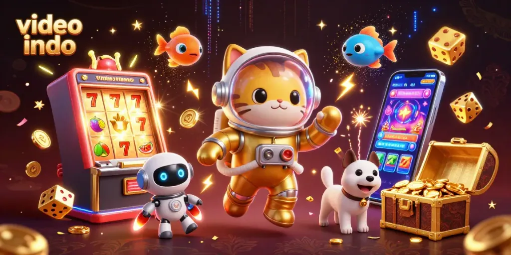 Win big with video indo in a vibrant casino scene featuring animated slots and characters.
