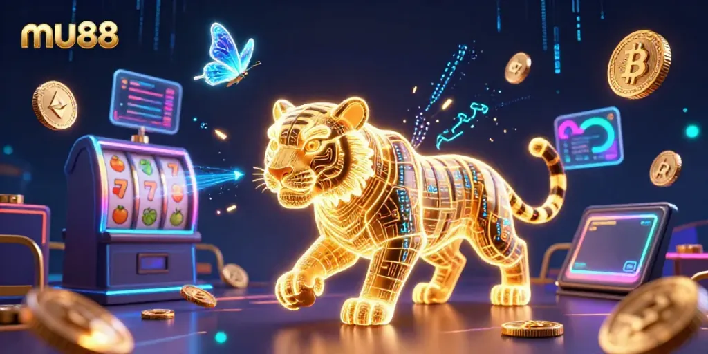 Experience thrilling gaming at mu88 with a vibrant digital casino scene showcasing neon elements and iconic symbols.