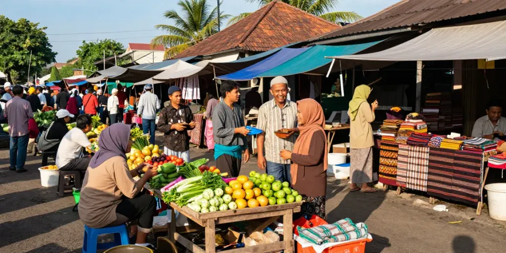 Keramaian pasar luar ruangan di cirebontoto dengan penjual sayuran segar dan pelanggan berinteraksi.