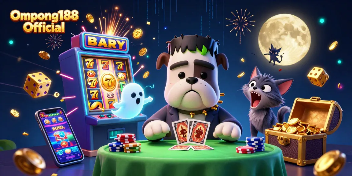 Gambaran kasino Ompong188 Official dengan karakter Frankenstein bulldog dan monster lainnya, menikmati permainan kartu.