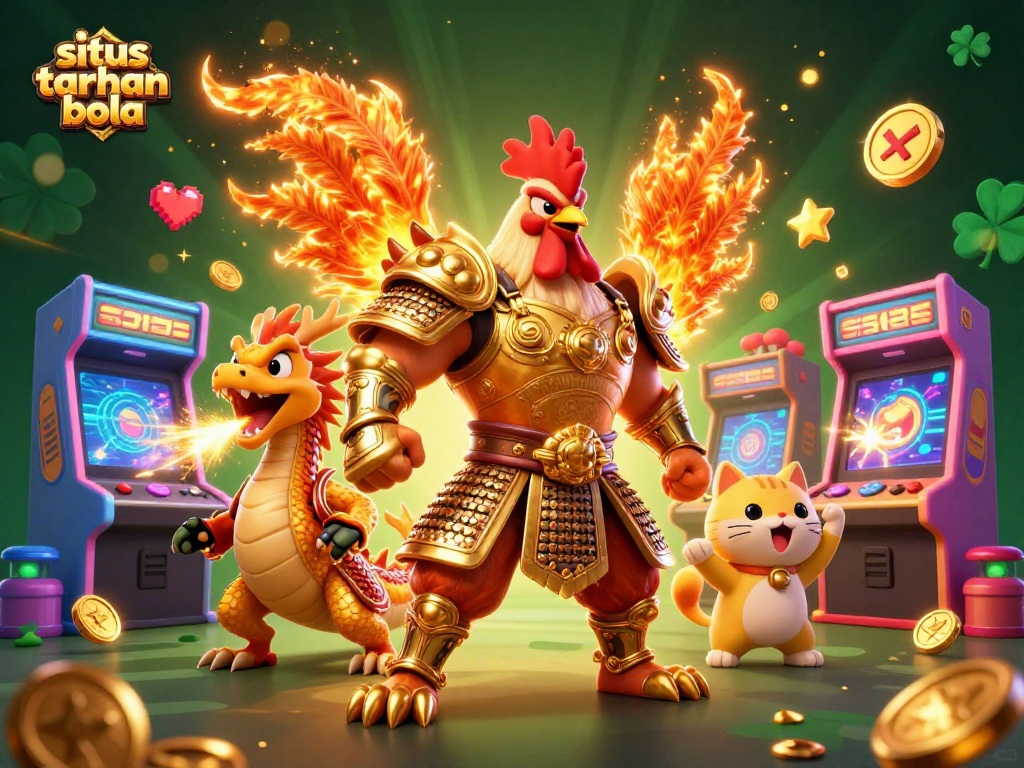 Bettors enjoy the situs taruhan bola experience amidst vibrant characters and game elements in an action-packed 3D illustration.