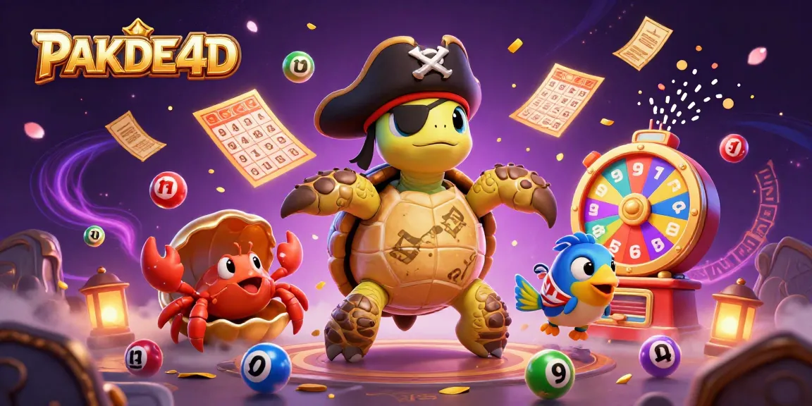 Experience the excitement of PAKDE4D with a vibrant illustration of lottery balls, treasure, and characters.
