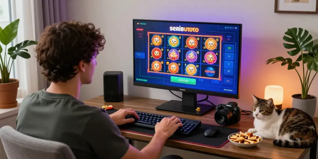 Engaging player experiencing Seributoto online gaming in a cozy home environment.