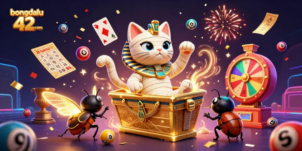 Bongdalu 42 com 3D illustration of a mummy cat and scarab beetle celebrating dynamic casino gaming with vibrant, colorful elements.