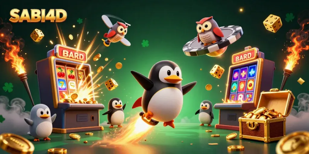 Memenangkan jackpot di SABI4D dengan penguin emas yang meroket dan mesin slot yang meledak.