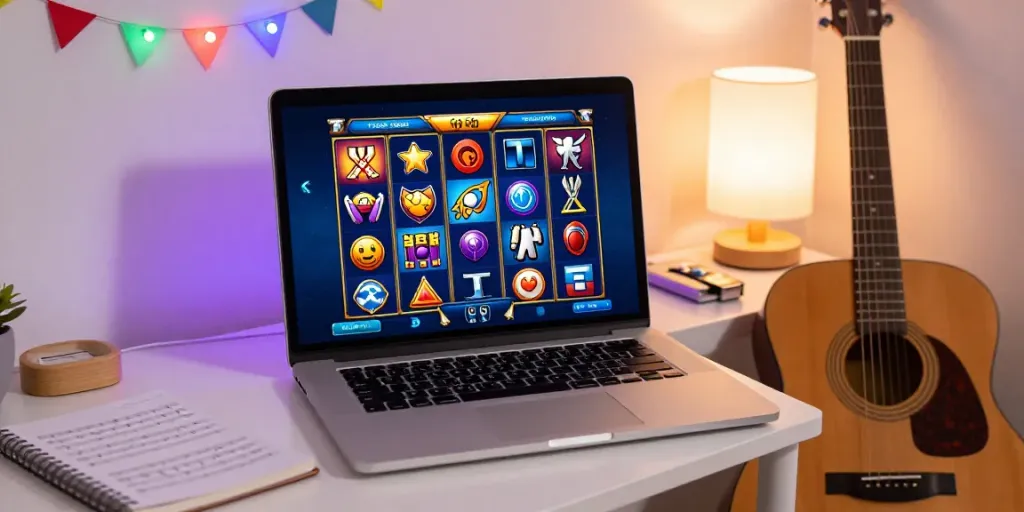 Engaging scene of shredguitaronline.com with a digital slot game and acoustic guitar in a cozy setting.