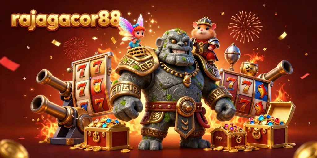 Experience the excitement of rajagacor88 with a golem guarding treasures and magical elements in a vibrant casino scene.