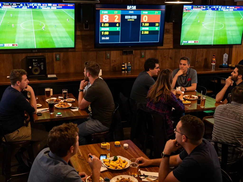 Guests enjoying soccer predictions while watching live matches at a bustling sports bar