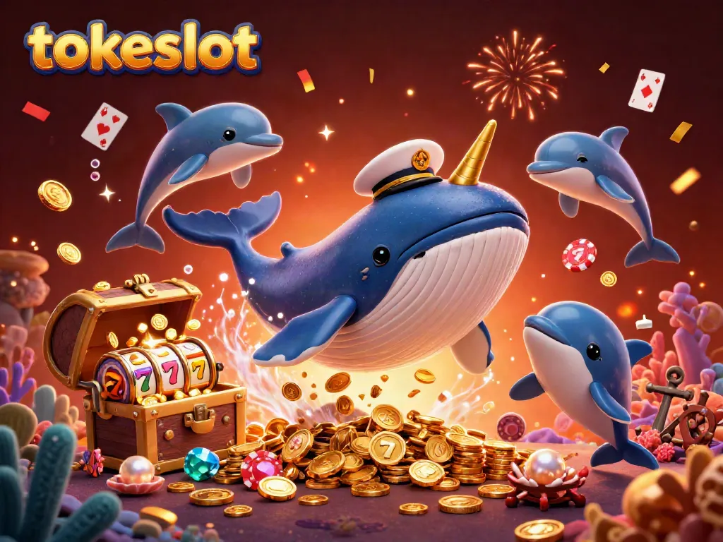 Experience the excitement of tokeslot with a whimsical scene of a whale, narwhal, and dolphins amidst coins and slot reels.