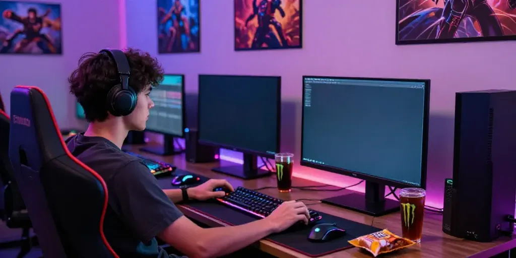 Gamer terlibat dalam permainan harumslot dengan peralatan modern di ruang gaming yang nyaman.