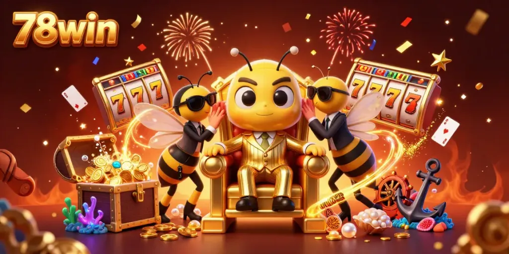 Experience the exciting world of 78win with dynamic games and golden winnings in a visually stunning casino scene.