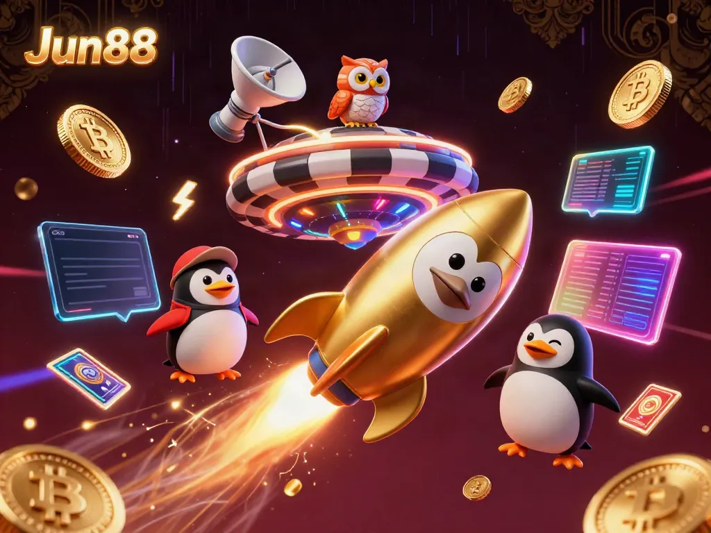Experience thrilling gameplay at Jun88 with a vibrant 3D casino-themed illustration featuring a golden penguin and crypto elements.
