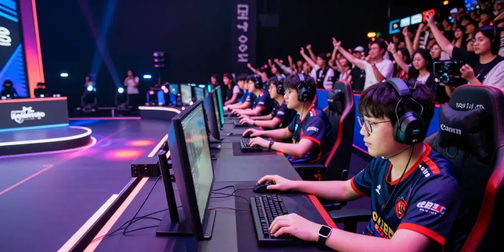 Turnamen Kediritoto dengan pemain kompetitif dan penonton antusias di arena esports.