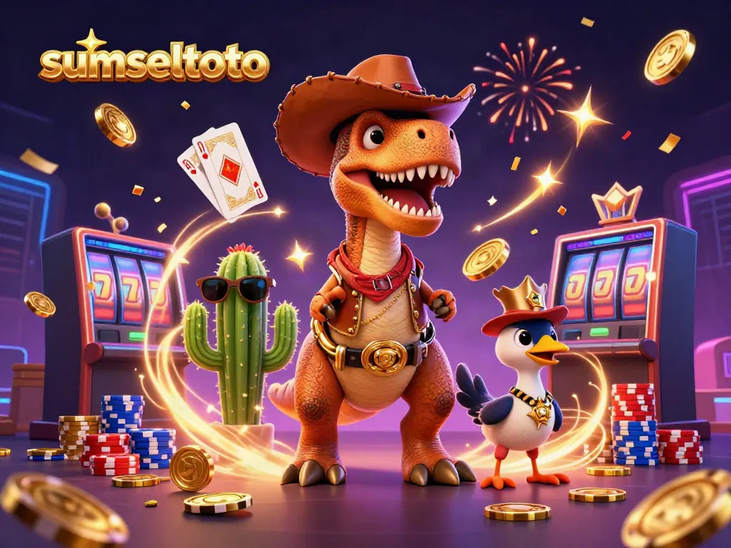 Experience the excitement of sumseltoto with dynamic characters, poker chips, and golden coins in this vibrant illustration.