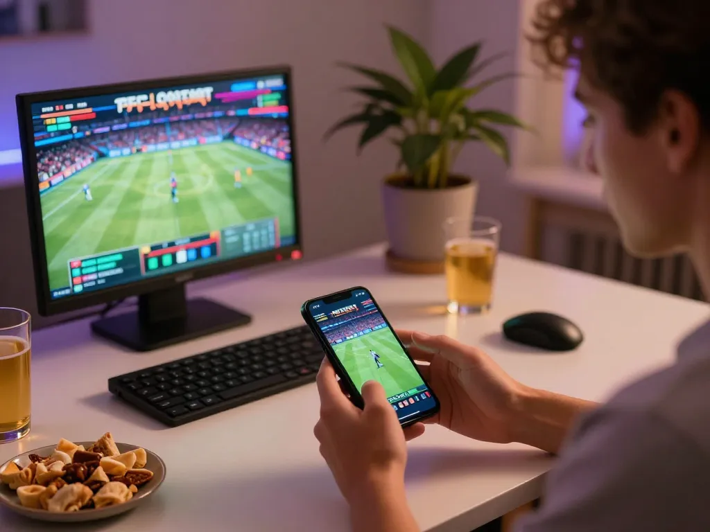 WWBOLA player excitedly placing a sports bet on a smartphone at home, showcasing modern gaming