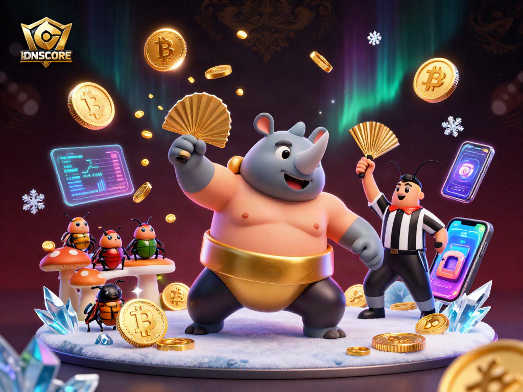 IDNSCORE empowers players in a vibrant scene with a sumo beetle champion amidst flying coins and blockchain elements.