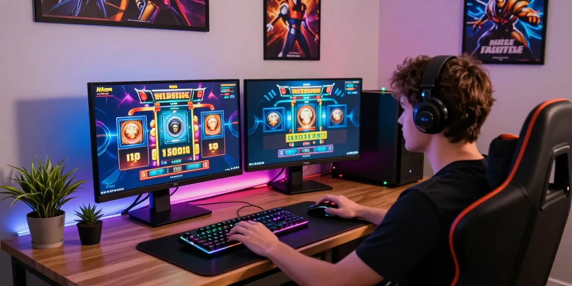 Exciting gaming atmosphere with a player enjoying situs toto online slots on a modern desktop setup with vibrant graphics.