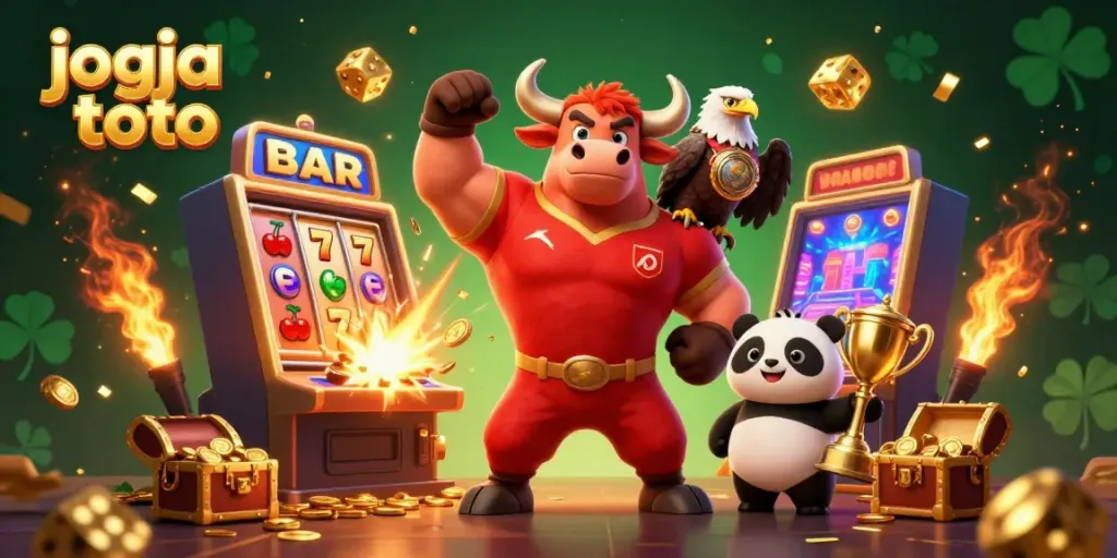 Experience big wins with jogja toto featuring a triumphant bull mascot, jackpot slot machine, and vibrant casino elements.