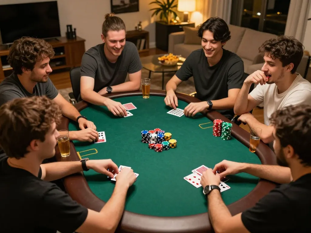 Engaging poker game night with friends at home, showcasing excitement with OKESLOT gaming.