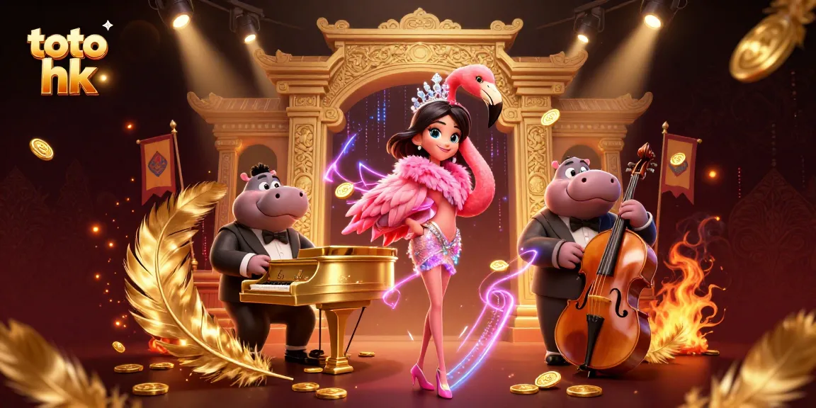 Menangkan toto hk dengan ilustrasi kasino 3D penuh warna yang menggambarkan penyanyi flamingo dan hippo bassist.