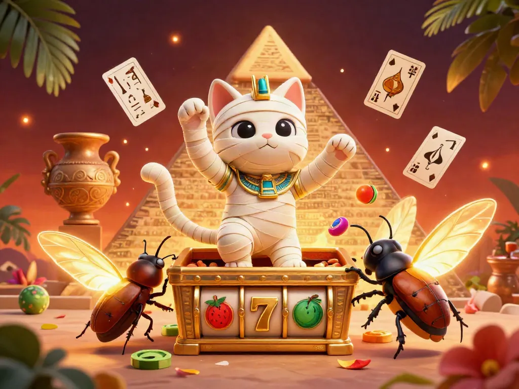 Menangkan jackpot dengan afktoto melalui simbol slot dan kartu bermain yang mengelilingi mumi kucing bersejarah.