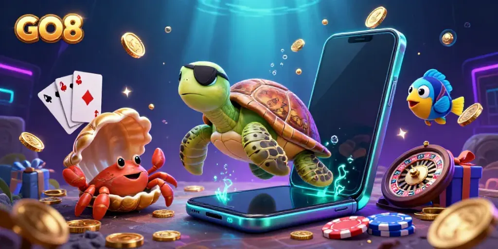 Engage with GO8-themed adventures featuring a pirate turtle, treasure, and casino elements.