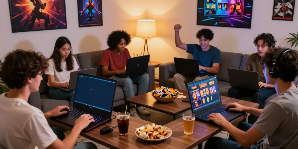 Diverse group of gamers playing slot gacor games in a cozy modern living room.