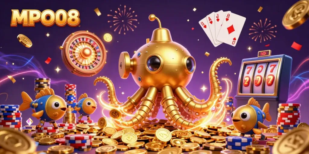 Engage with MPO08's exciting gaming scene featuring a golden kraken submarine and vibrant casino elements.