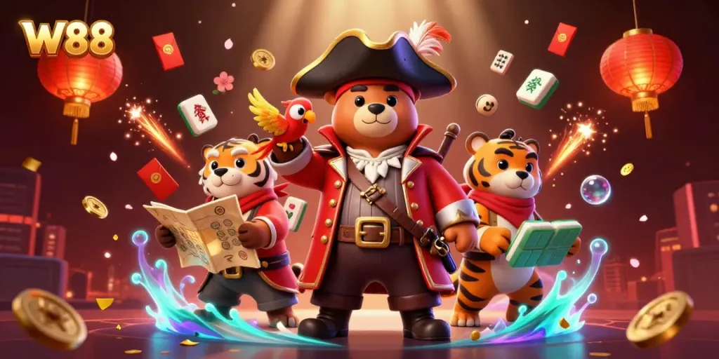 Win on W88 with exciting games as a cartoon pirate bear and tiger explore treasures.