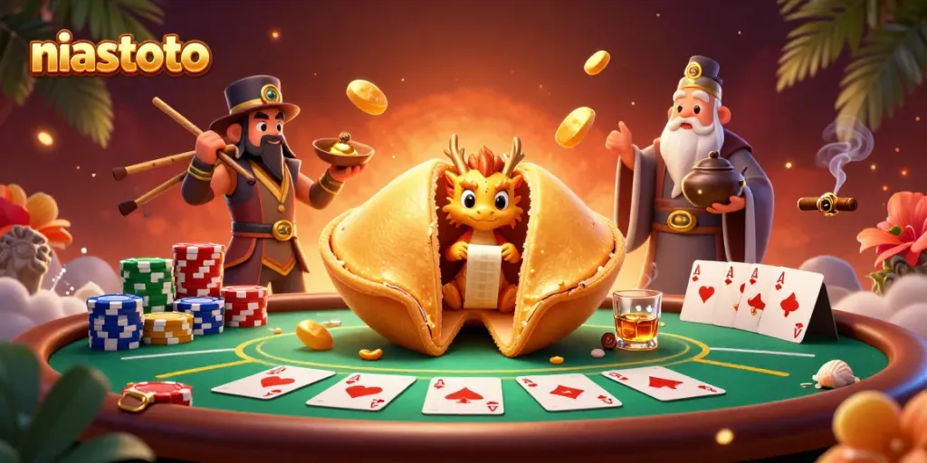 Engage with niastoto's gaming world through a dynamic 3D illustration showcasing casino elements and vibrant characters.