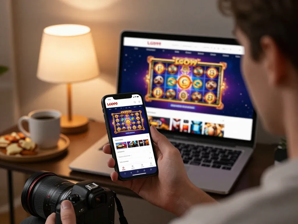 Player engaging with LGO99 mobile app while optimizing bankroll management in a cozy home setting