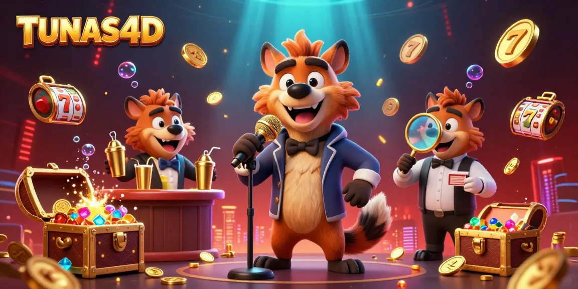 TUNAS4D showcases a lively comedy casino club with hyenas, vibrant slot reels, and treasures!