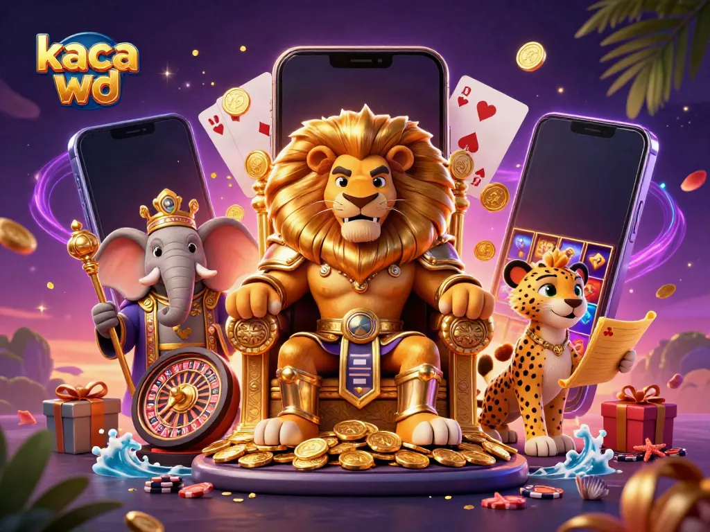 Menang dalam permainan slot dengan kaca wd, menggambarkan karakter kerajaan dan elemen kasino.