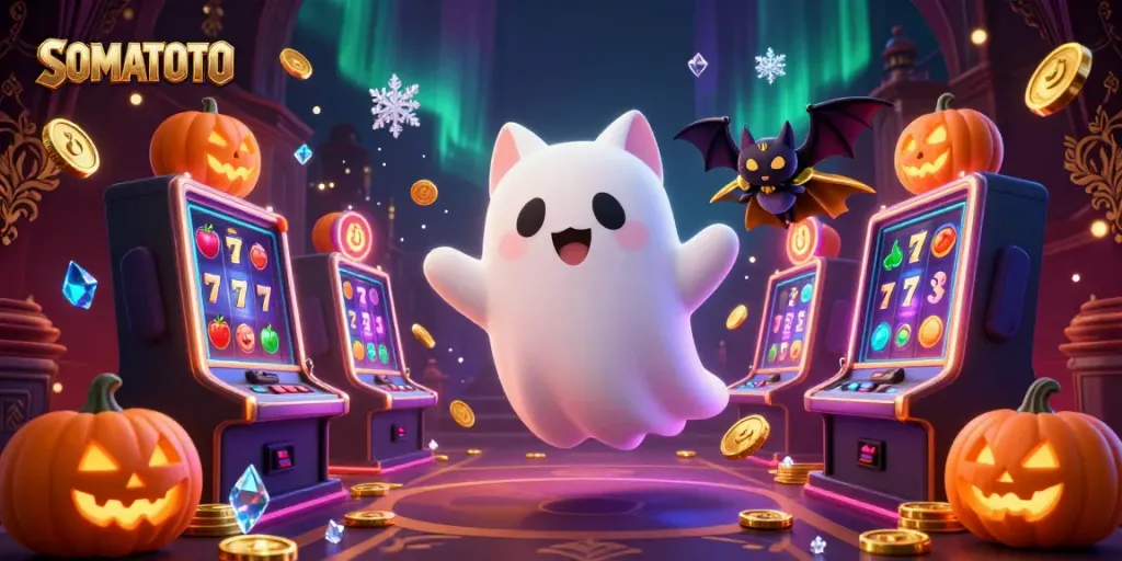 SOMATOTO's ghost cat and bat companion navigates a haunted casino filled with glowing slots and coins.