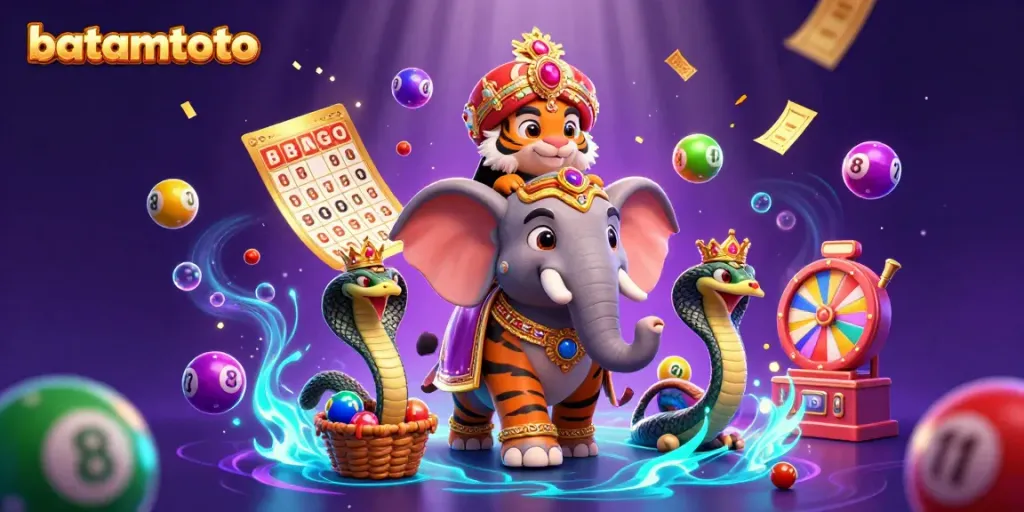 Engage with batamtoto's vibrant casino scene featuring a maharaja tiger, jewel elephant, and lively lottery elements.