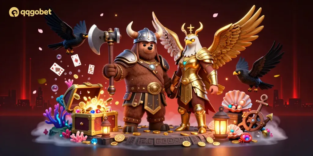 Engage with thrilling game strategies at qqgobet with Viking bear and eagle in rich casino-themed artistry.